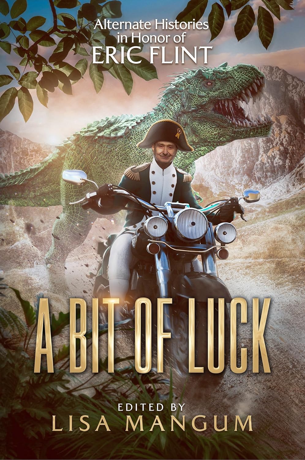 Eric flint wears a Napoleonic uniform while riding an old school motorcycle in front of a charging t-rex